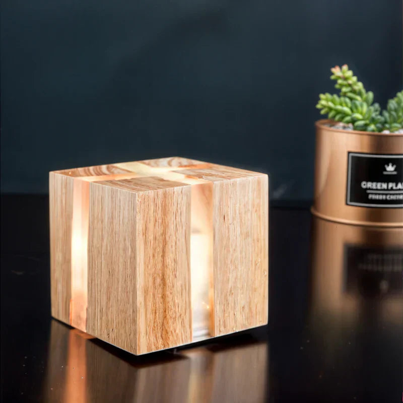 Rustic Cube Lamp Wooden Glow